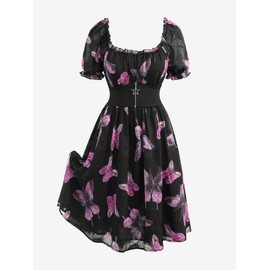 Rosegal Women Plus Size Square Neck Milkmaid Dress Butterfly Ruffles Puff Sleeves Cottagecore Dress Zipper Corset Swing Dress(Black_2/4X)