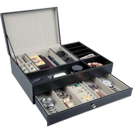 Neehows Nightstand Organizer Valet Tray for Men, Men's Jewelry Organizer Box Jewelry Tray, 2 Layers PU Leather Table Beside Watch Case Entryway Storage EDC Dump Catchall Trays with Drawer - Black