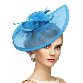 Zinniday Blue Fascinator for Women Tea Party - 2025 Feather Derby Hats 1920s 50s Victoria High Tea Party Kentucky Hat with Hair Clip for Church Holiday Event Party Renaissance Costume Dress Up