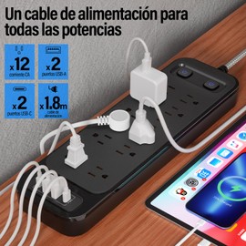 GALASALA Multicontacto Regleta Extension Electrica con Protector Supresor de Picos Voltaje, 1,8 M, Enchufe Plano, 12 Salidas y 4 USB (2 USB-C), Conector Multiple, Multicontacto USB para Hogar Oficina