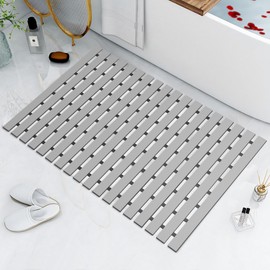 Nisorpa Shower Mat Non Slip 25.6 x15 in Bath Mat for Tub Non Slip with Drain Hole and Non-slip Rubber Strip, Light Gray