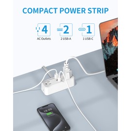 BEVA Mini Surge Protector Power Strip, Ultra Thin 5FT Flat Extension Cord, 4 Wide Spaced AC Outlets and 3 USB Ports(1 USB C), Flat Plug, 1050 Joules Wall Mount for Home Office Dorm Room Essentials