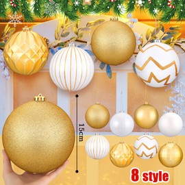 Wettarn Set of 8 Large Christmas Ball Ornaments 6 Inch White Gold Glitter Hanging Christmas Plastic Balls Indoor and Outdoor Hanging Christmas Tree Decorations for Lawn Yard Garden