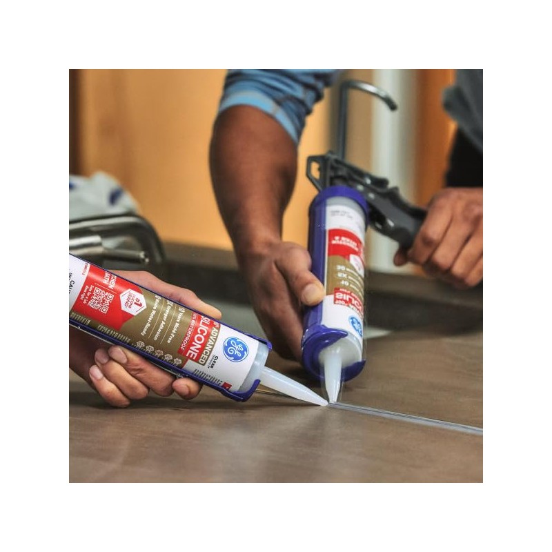 GE Advanced Silicone Caulk for Kitchen & Bathroom, White, 10