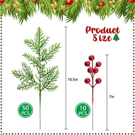 Watayo 50 Pcs Christmas Artificial Pine Branches with 10 Pcs Artificial Red Berry Stems- Red Berry Evergreen Pine Leaves Branches- Fake Foliage Pine Needles for DIY Christmas Home Decoration