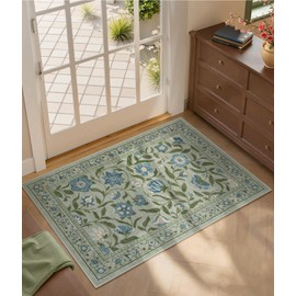 Collive Machine Washable Entryway Rugs, Green 2 x 3 Small Low Pile Bedroom Rug Non-Slip Soft Kitchen Mats, Modern Floral Vintage Bathroom Carpet Stain Resistant Throw Mat for Entrance, Front Door