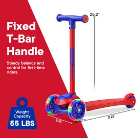 3 Wheel Scooter for Kids, Smooth Light Up LED Front Wheels, Wide Anti Slip Deck, Rear Foot Brake, Easy Maneuvering T-bar Handle, Indoor & Outdoor Ride On Toys for Ages 2 Up, Red Color