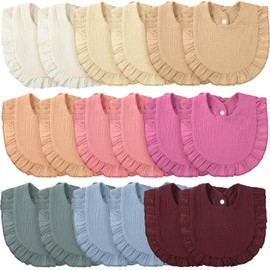 Kenning 18 Pcs Muslin Drool Baby Bibs Rainbow Baby Girl Ruffle Bibs Absorbent Cotton Bibs with Snap Button for Boys Girls(Pink)