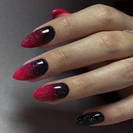 MERVF Medium Press on Nails Almond Fake Nails Red Ombre French Tip Glue ons Black Stiletto Acrylic Nail Dark 30pcs Glossy