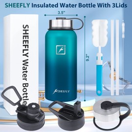 SHEEFLY Insulated Water Bottles, 32oz Vacuum Stainless Steel Water Bottle with Straw & 3 Lids Wide Mouth Metal Water Bottle Leak Proof BPA Free Insulated Sports Water Bottles Keep Hot & Cold (BDblue)