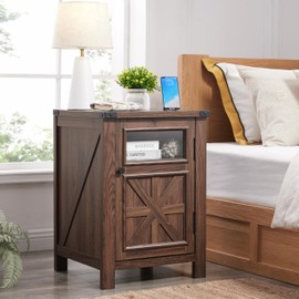 ACCOHOHO Nightstand with Charging Station, 18'' End Table with Barn Door & Adjustable Shelf for Bedroom, Living Room, Farmhouse Design,Brown