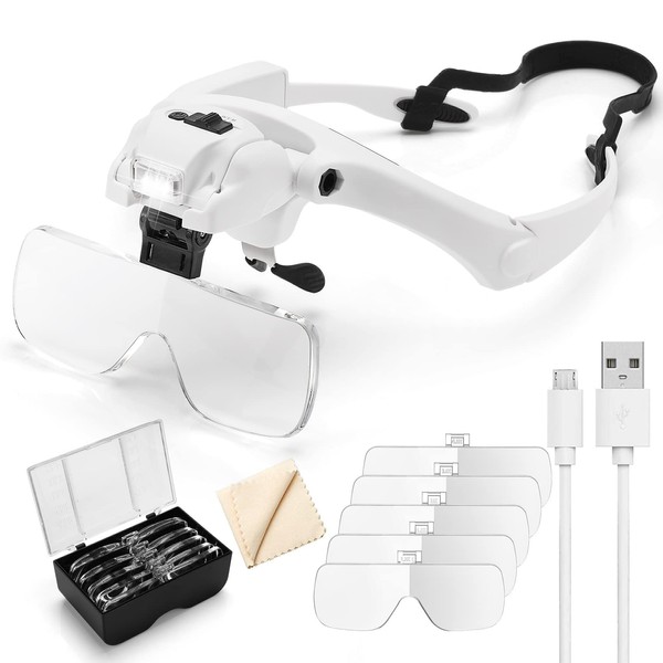 Dilzekui 1.2X to 4.5X Headband Magnifying Glasses with Light, Rechargeable Headband Magnifier Visor with 5 Detachable Lenses, Head Mount Magnifier for Close Work, Jewelry, Loupe, Crafts, Repair