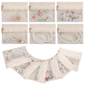 12Pcs Travel Jewellery Pouches Small Jewelry Bags, Zipped Jewellery Pouches for Women, Jewelry Bags Pouches for Ladies, Jewellery Organiser Pouch for Girls Travel Business Trip Gift Decor (Beige)