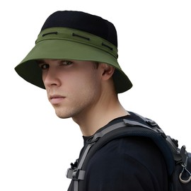 XGOPTS Summer Bucket Hat UPF50+ Sun Protection Cap Outdoor Fisherman Hat Breathable Mesh Beach Cap with Windproof Chin Strap for Women Men Teens Hunting Fishing Hiking Traveling Army Green