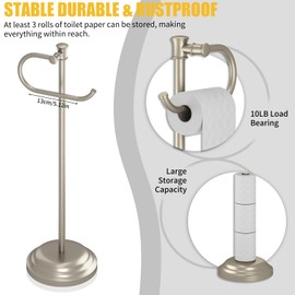 BESy Toilet Paper Holder Free Standing Bathroom Toilet Tissue Holder Stand for Floor Toilet Paper Roll Holder with Storage Hardware Accessories Rack Non Adjustable Brushed Nickel Stainless Steel