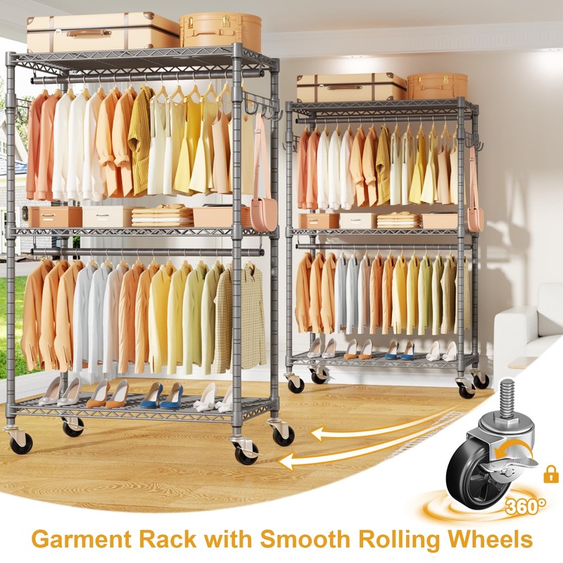 ULIFHOME P1 Rolling Clothing Rack with Lockable Wheels, Heavy-Duty Garment