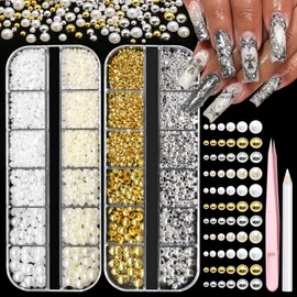 BELICEY 2 Boxes Flatback Nail Pearls Gems, Gold Silver Half Round Pearls Nail Charms, White Beige Pearl Beads for Nails, Mix Size Pearl Gem Rhinestones for Nail Art DIY Crafts Manicure Jewelry Decor
