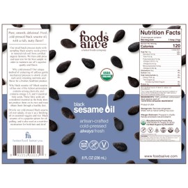 Foods Alive Foods Alive USDA Organic Black Sesame Seed Oil, Artisan Cold-Pressed, non-gmo, vegan, gluten free, kosher, 8 oz liquid
