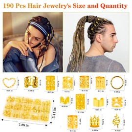 190 Pcs Hair Jewelry for Braids,Gold Hair Jewelry for Braid Accessories,Loc Jewelry for Hair Dreadlock with Ring Cuffs Clips Charm Dreadlock Accessories Hair Decorations for Men Women Girl
