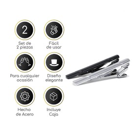 Vedicci Set de 2 Pisacorbatas para hombre. Pisa corbatas de caballero Metálicos con Caja de Guardado para Traje. Incluye 1 Pisa Corbatas Color Negro y 1 Pisa Corbata Plateado. Tie Clip Set.