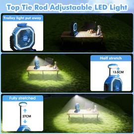 lollyes Portable Fan, AI Outdoor Rechargeable Camping Fan with Light, 20000mAh Battery Powered, 360° Rotating Hook, 4 Speeds for Indoor, Traveling, Tenting, RVing, Fishing, Beach (Blue)