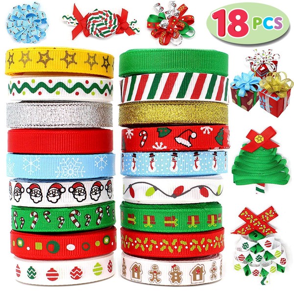Joiedomi 18Pcs Christmas Ribbons; 90 Yard Grosgrain Satin Fabric Ribbons for Christmas Holiday Gift Box Wrapping, Hair Bow Clips, Gift Bows, Craft, Sewing, Wedding (18PCS One-Size)