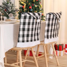 Jeloris 2PCs Christmas Chair Back Covers Christmas Chair Santa Hat Buffalo Plaid Elastic Gingham Chair Cover for Dining Kitchen (White Black)