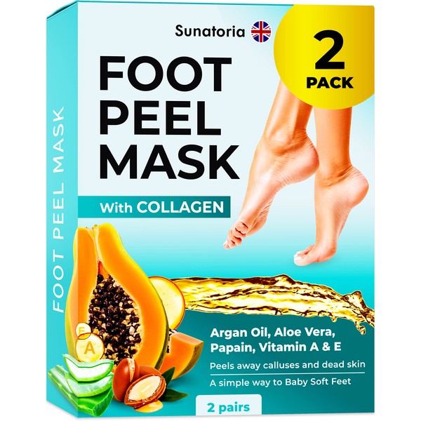 SUNATORIA Foot Peel Mask - Dermatologically Tested - 2 Pack (Pairs) Exfoliating Foot Mask - Makes Feet Baby Soft by Peeling away Calluses & Dead Skin Remover Updated Formula (Aloe Vera)
