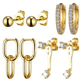 Huiguli 4Pairs Stud Hoop Earrings Set for Women, 14K Gold Plated Hoop Set, Hypoallergenic Cartilage Earring, Lightweight Earrings Stacks for Multiple Piercings