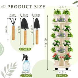 Umigy 2 Set of 7 Tier Vertical Planter Stackable Tower Planters Strawberry Herb Flower and Vegetable Pots Indoor Outdoor Gardening Pots with Removable Wheels and Tools(Pink)