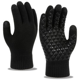 Knitted touch screen gloves for men and women, winter with added fleece, thick insulation, and anti slip gloves (Black, One size)