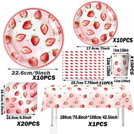 Ljaglui 61PCS Strawberry Theme Birthday Party Tableware Set Strawberry Birthday Decorations Camping Birthday Party Supplies Paper Plate Cup Napkin Tablecloth Straw Adventure Fruit Party Table Decor