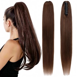 UAAUAA Claw Clip Ponytail Extension Real Human Hair Long Straight Hairpiece for Women (Medium Brown, 20 inch)