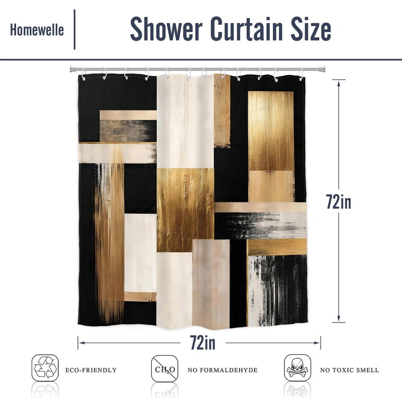 Black Gold Abstract Shower Curtain Modern Geometric 72Wx72H Inch Decor