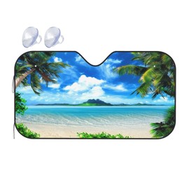 Windshield Sun Shade Beach Palm Tree Blue Ocean Car Front Window Sunshade Blocker UV Visor Retractable Automotive Sunshades for Vehicle SUV Truck Protector