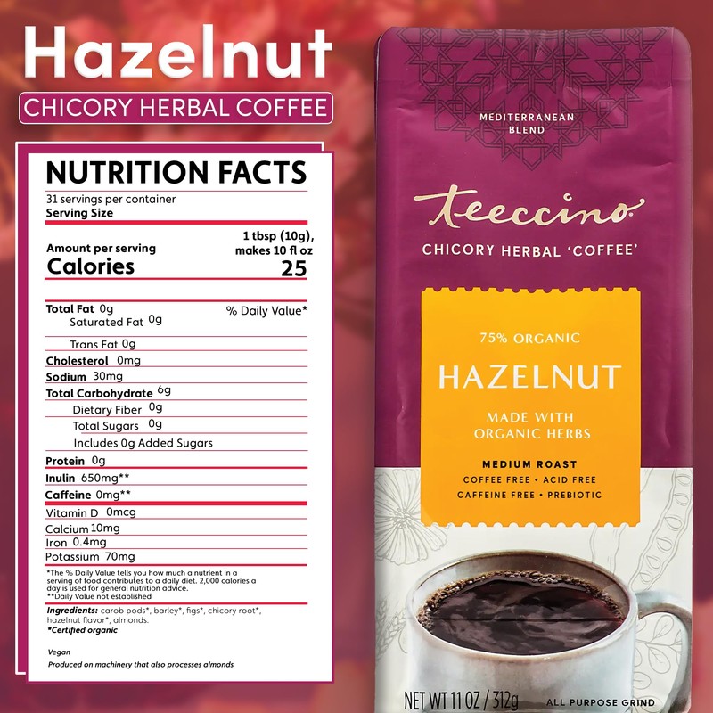 Teeccino Hazelnut Chicory Coffee Alternative - 11 Ounce - Ground