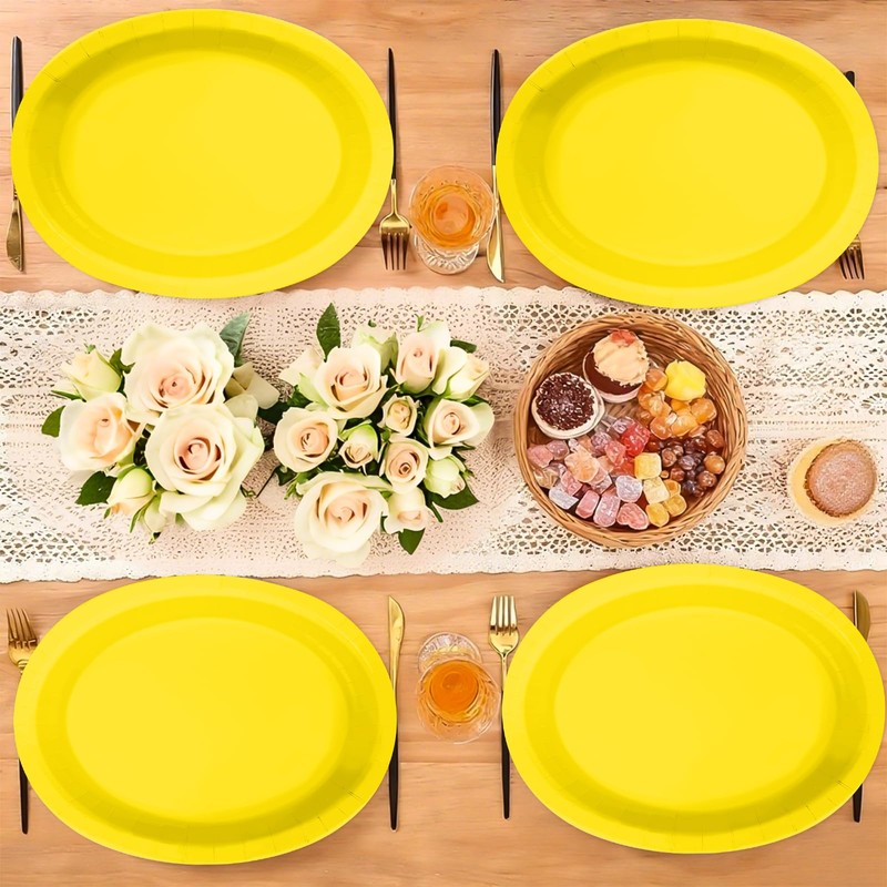 50Pcs Yellow Solid Color Large Oval Paper Plates 12 x