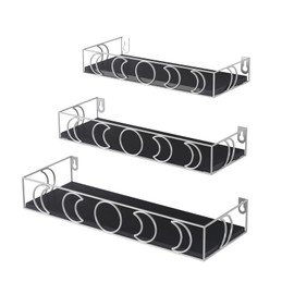 PHAREGE Moon Phase Floating Shelves Black Silver, Set of 3 Small Decorative Wall Shelves for Book Plant Storage, Crystal Figurine Collectibles Display Shelf for Bedroom Kid Room