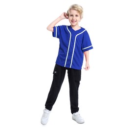 TOPTIE Boys Baseball Jersey, Kids Button Down Jersey T-Shirt Softball-Blue White-6T