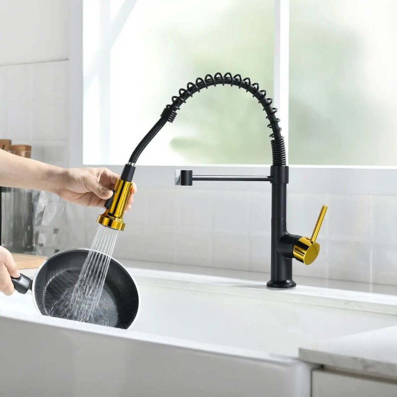 Modern Single Handle Kitchen Faucet Black And Gold Pull Down