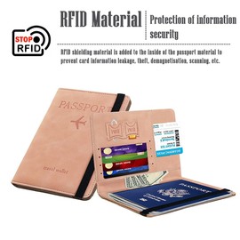 Aieino Passport Holder with Luggage Tag, Travel Wallet RFID Blocking Boarding Card Credit Card Moneny Organiser PU Leather Bag Passport Cover Suitcase Label for Men Women Travel Accessories(Pink)