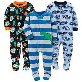 Simple Joys by Carter's Baby Boys' 3-Pack Loose Fit Flame Resistant Fleece Footed Pajamas, Cars/Dinosaur/Space, 18 Months