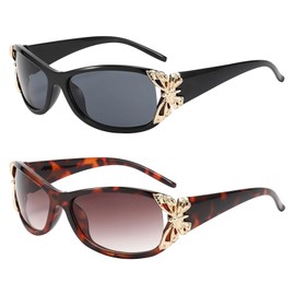 EDLMKM 2 Pack Women Sunglasses, Polarized Sunglasses Womens UV Protection, Wrap Around Trendy Retro Shades with Butterfly Decors