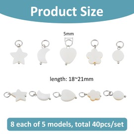 SUPERFINDINGS 40Pcs 5 Styles Shell Pendants Natural Shells Charms Sea Ocean Charms Moon Star Heart Round Flower Shells Charm White Shell Charm for Necklace Earring Bracelets Jewelry Making
