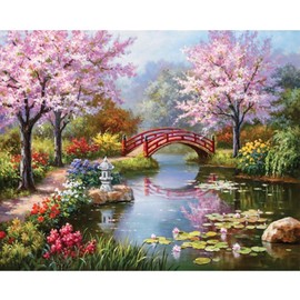 eGoodn 5D Diamond Painting Kit for Adults Landscape Sakura Garden DIY Art Full Drill Round 20x16 Inches / 50x40 cm, Beautiful Scenery of Cherry Blossom Park Lake