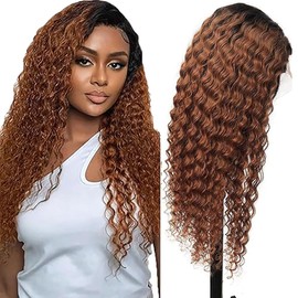 Hxxcoup Women's Real Hair Wig, 4x1 Lace Human Hair Wig, 1B/30 Ombre Brown Curly Wave, Pre-Plucked Hairline with Baby Hair, Unprocessed Hair, Transparent Lace for Women, Minimal Smell, 30 Inches (76 cm