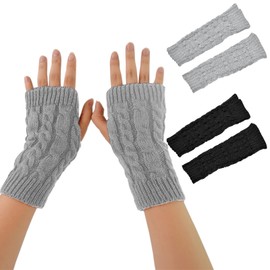 VEGCOO Fingerless Gloves, 2 Pairs Soft Knit Wrist Warmers Gloves, Winter Half Fingerless Gloves for Girls, Fingerless Winter Gloves Gift for Christmas Gifts(Black, Light Grey)
