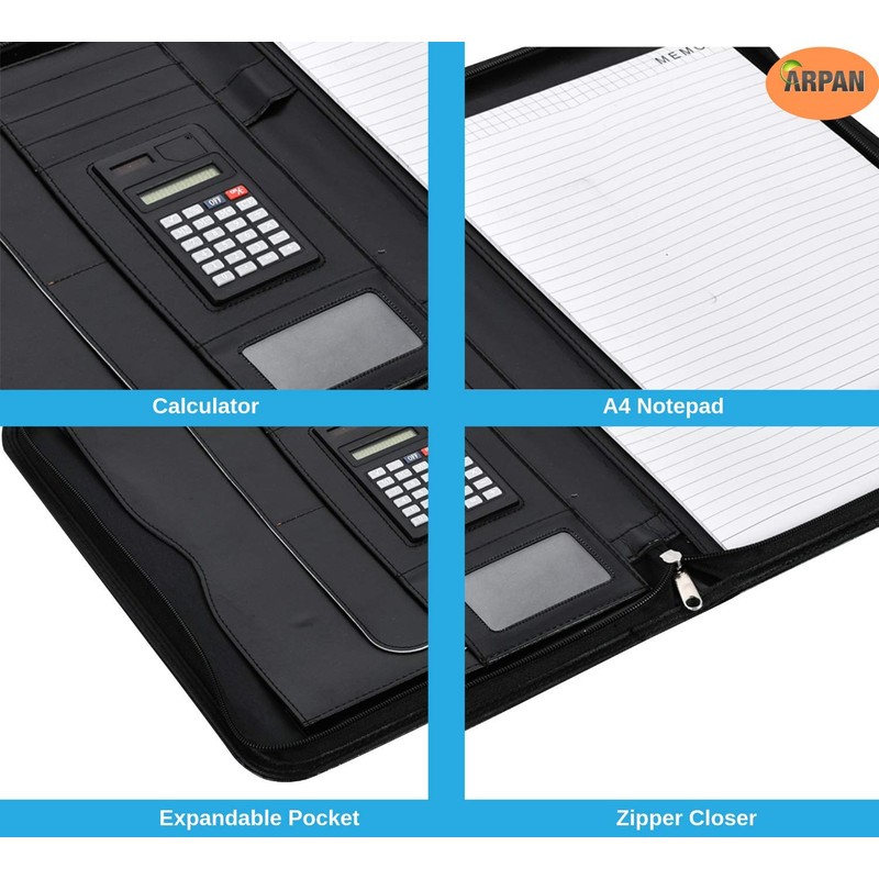 Arpan Black Leather Look A4 Zipped Conference Folder with Calculator