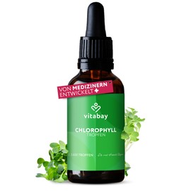 Vitabay Chlorophyll Drops 50 mg - Vegan & Laboratory Tested - 100 ml (approx. 2,600 Drops) Liquid Chlorophyll Liquid from Wheatgrass, Alfalfa and Chlorella - Concentrated Chlorophylline Formulation