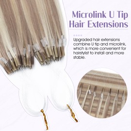 Microlink U Tip Hair Extensions Human Hair 20 Inch Micro Bead Utip Hair Extensions Real Human Hair Ash Blonde mix Bleach Blonde Hair Extension 1g per Strand 50 Strands